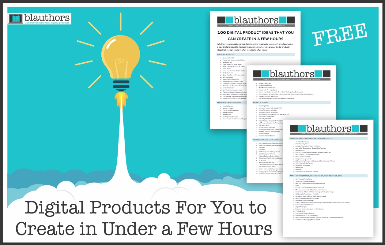 Do you struggle to come with up ideas for email opt-ins or profitable digital content?  Many times bloggers think that advertising is a way to go and work so hard to get page views to earn advertising revenue.  For me, I have always done the opposite.  I create content to provide value to my readers and to offer products that solve a problem for them.  Mostly to save them time.  Since we ALL need more time!  So hopefully, this list of 100 digital product ideas that you can create in less than a few hours will provide value to you and save you time.